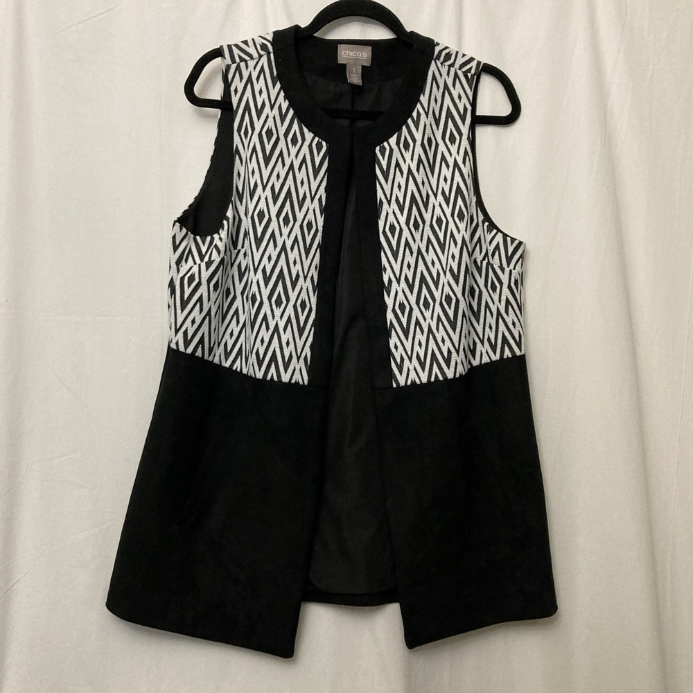 Chico's Black & White Jacquard Faux Suede Pattern Vest‎ w/Pockets - SZ 1 (M)